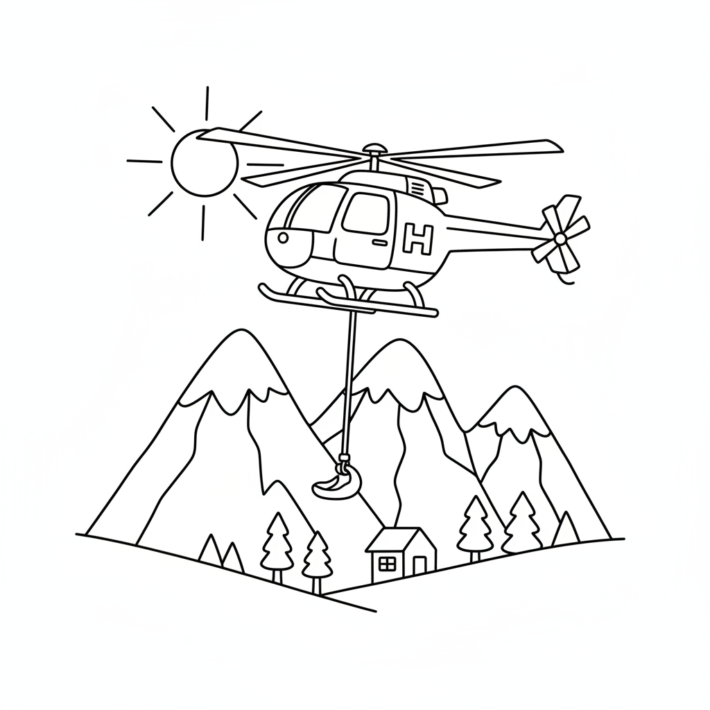 Rettungshubschrauber fliegt über Berge Ausmalbild