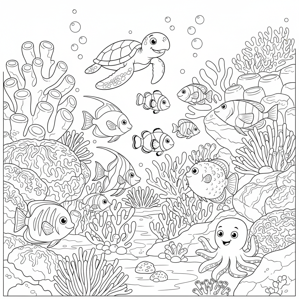 Korallenriff mit Fischen Ausmalbild