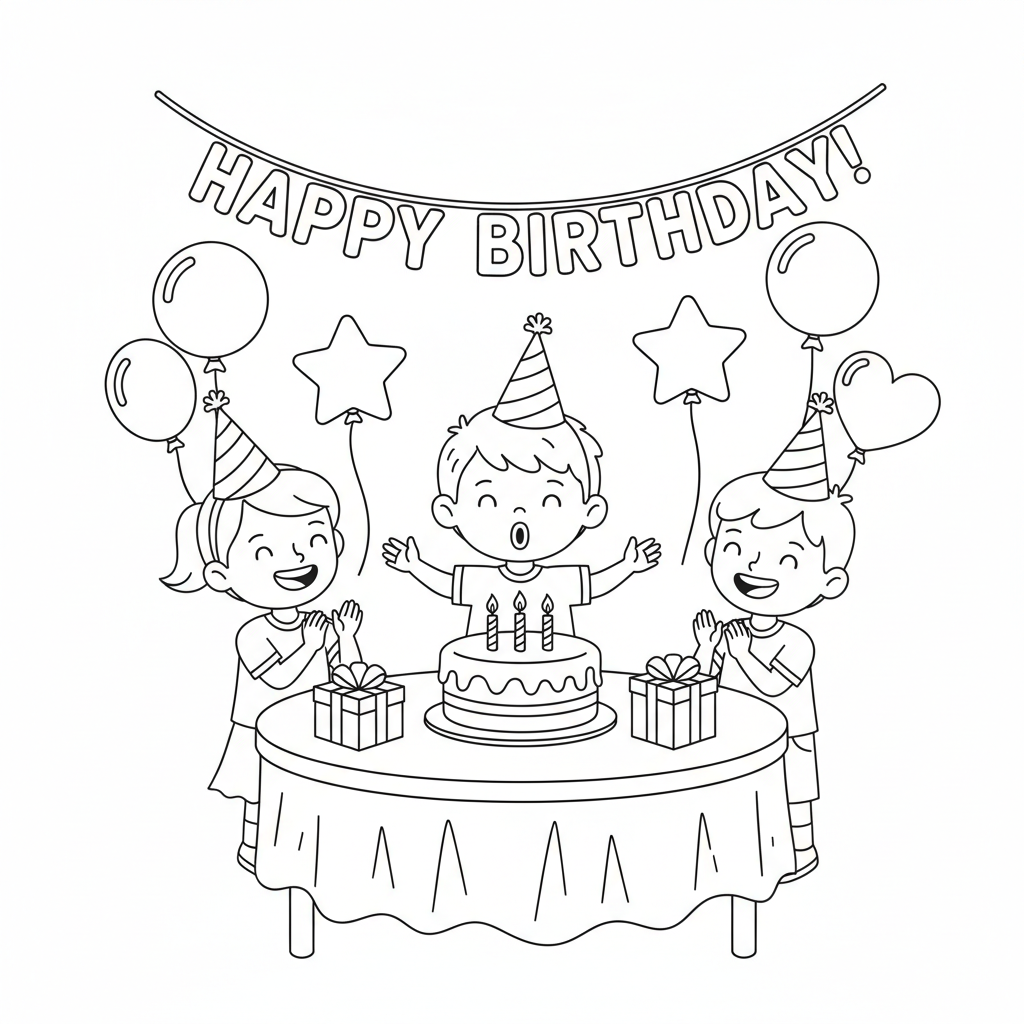 Kinder bei Geburtstagsparty Ausmalbild
