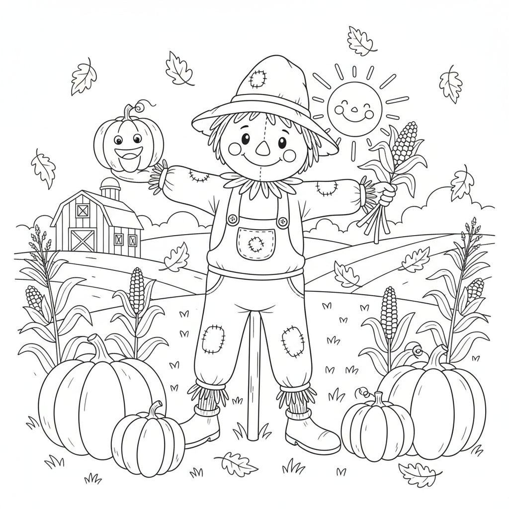 Vogelscheuche im Herbstfeld Ausmalbild