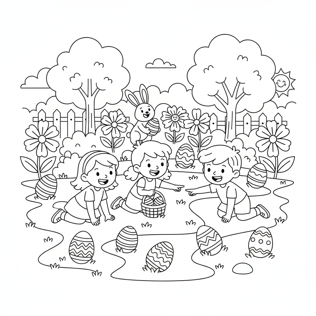 Ostereiersuche im Garten Ausmalbild