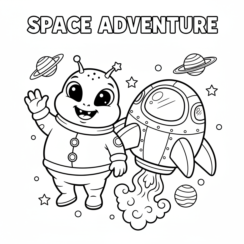 Süßes Alien mit Raumschiff Ausmalbild