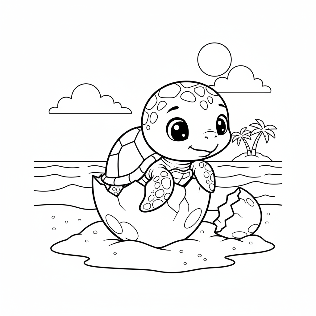 Baby Turtle Hatching on Beach Coloring Page