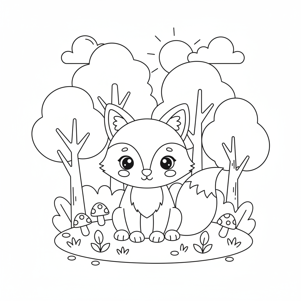 Cute Fox in Forest Coloring Page
