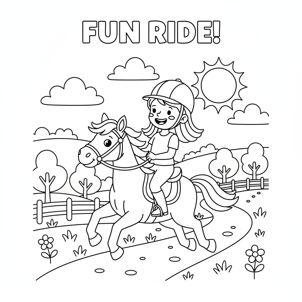 Mädchen reitet Pferd auf dem Land Ausmalbild