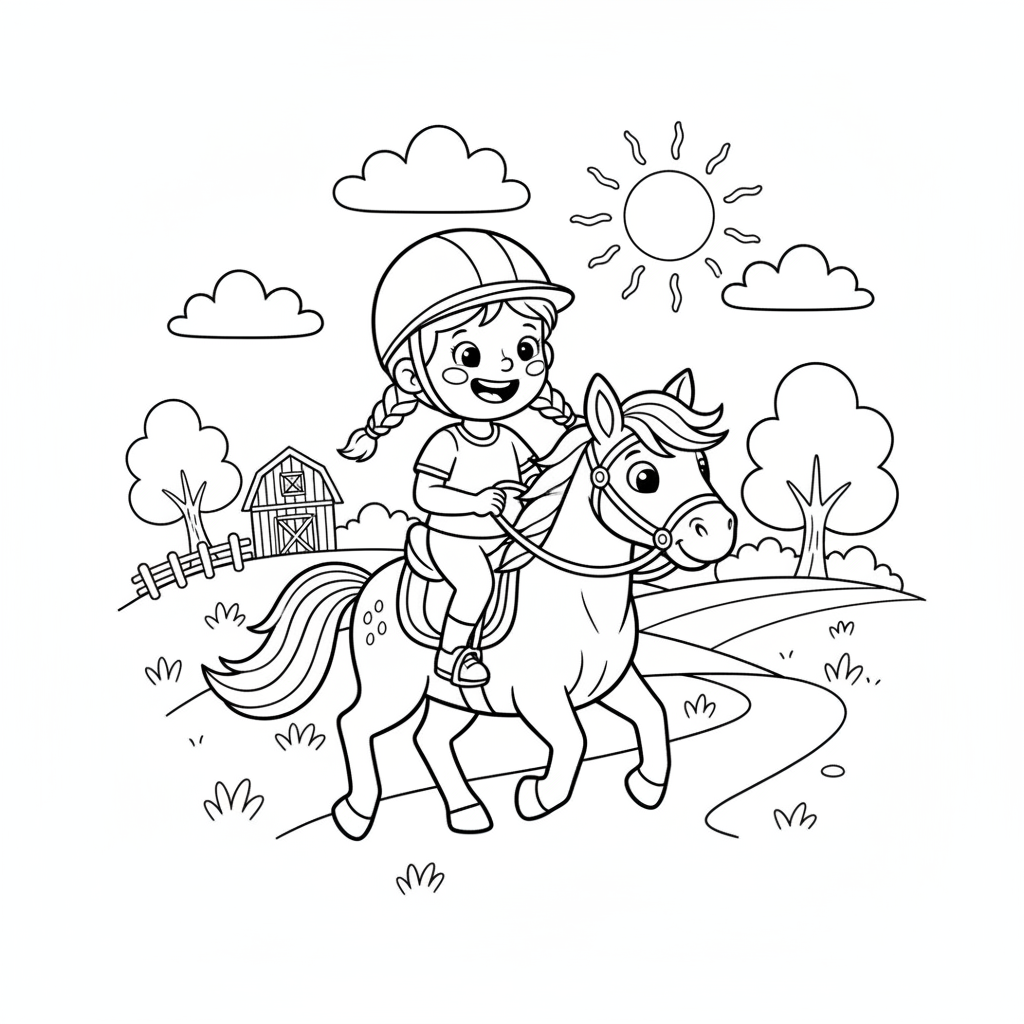 Mädchen reitet Pferd auf dem Land Ausmalbild