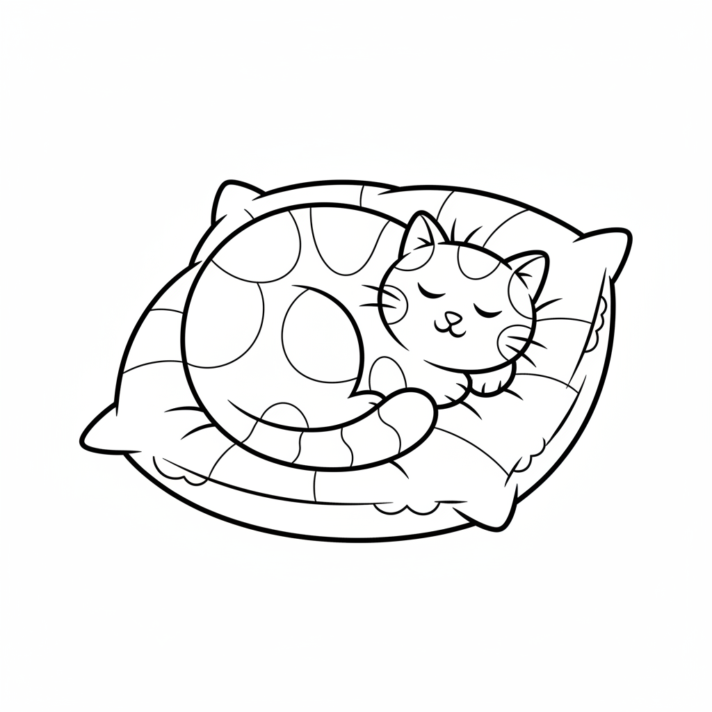 Schlafende Katze auf Kissen Ausmalbild