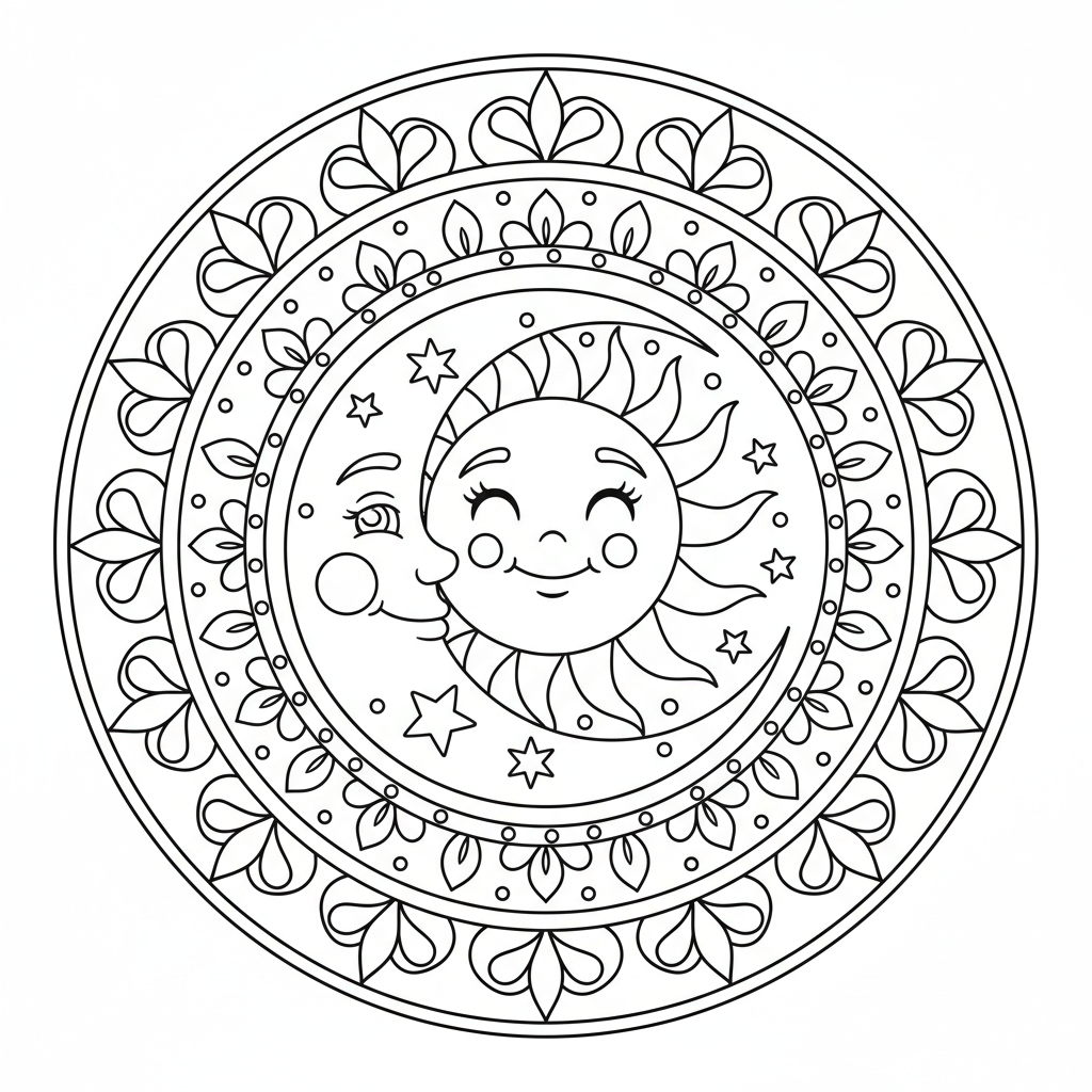 Sonne und Mond Mandala Ausmalbild