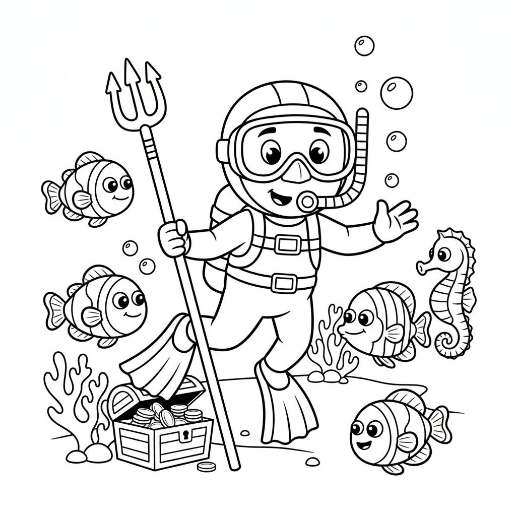 Taucher mit Fischen Ausmalbild