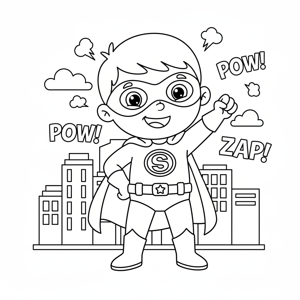 Kind als Superheld mit Maske Ausmalbild