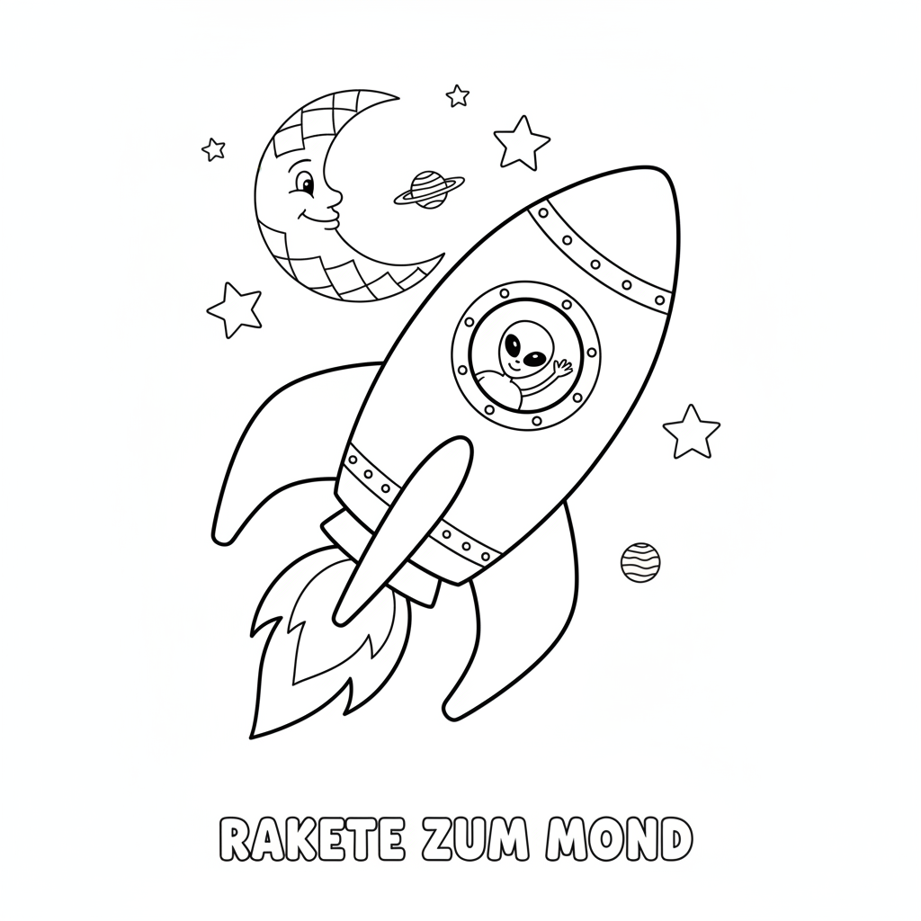 Rakete fliegt zum Mond Coloring Page