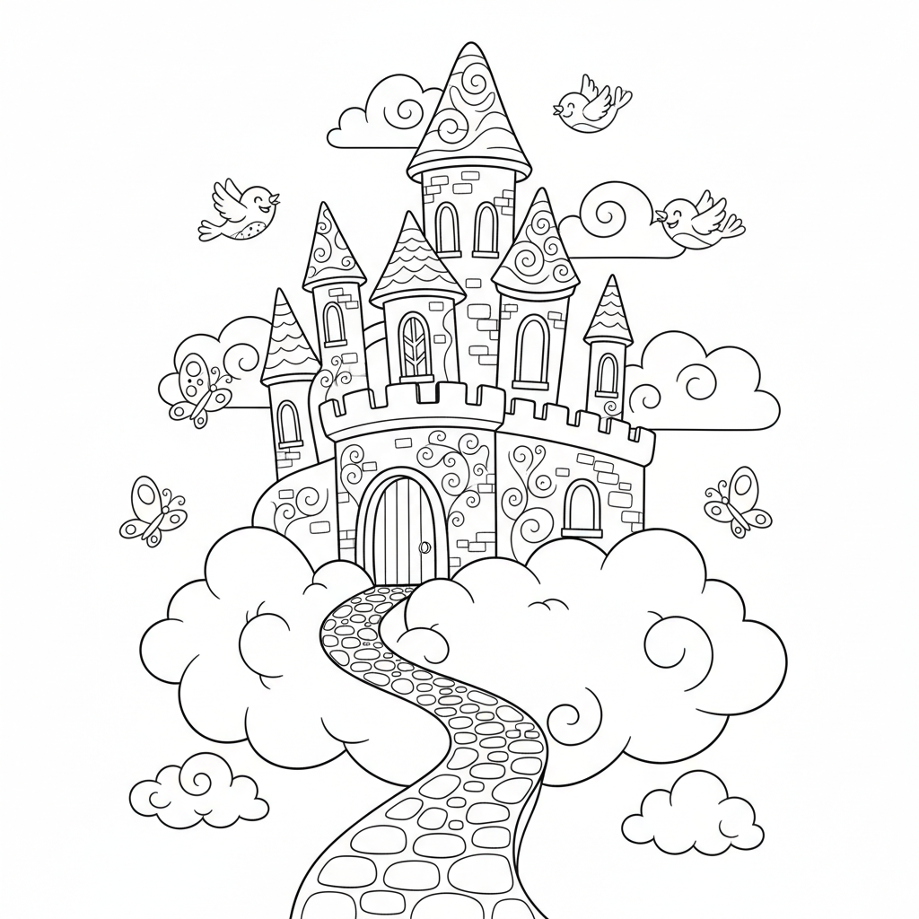 Verzaubertes Schloss in Wolken Ausmalbild