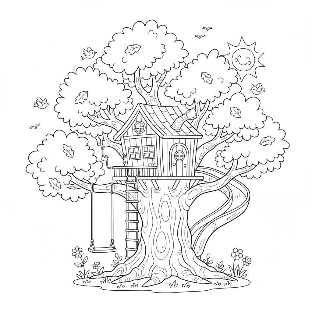 Baumhaus im großen Baum Ausmalbild