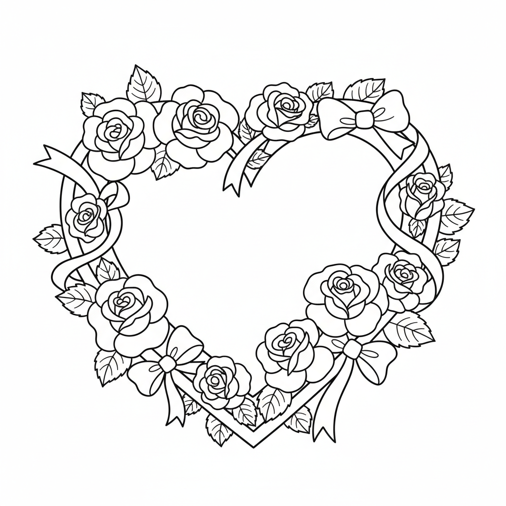 Großes Herz mit Rosen und Schleifen Ausmalbild