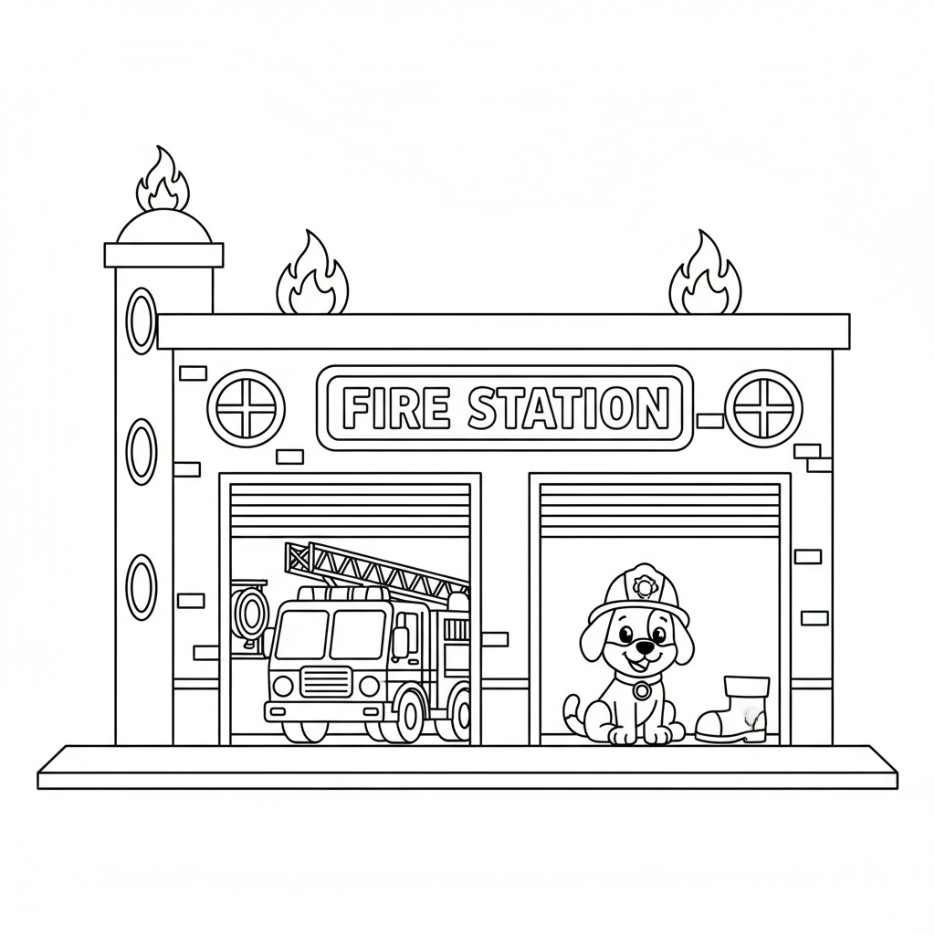 Feuerwache mit offenen Toren Ausmalbild