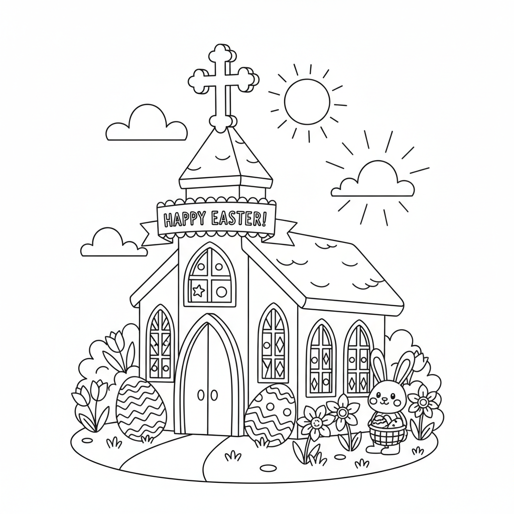 Osterkirche mit Kreuz Ausmalbild
