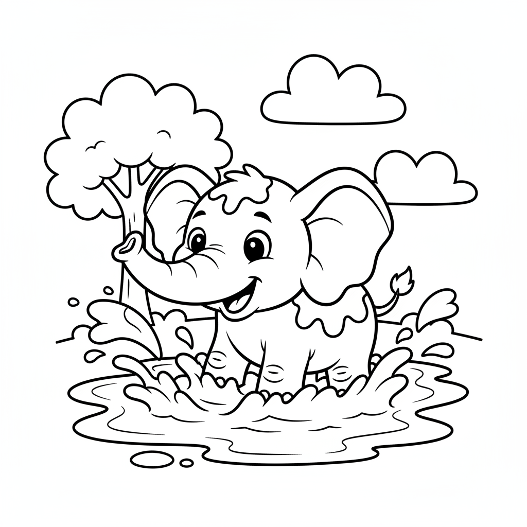 Elefant spielt im Schlamm Ausmalbild