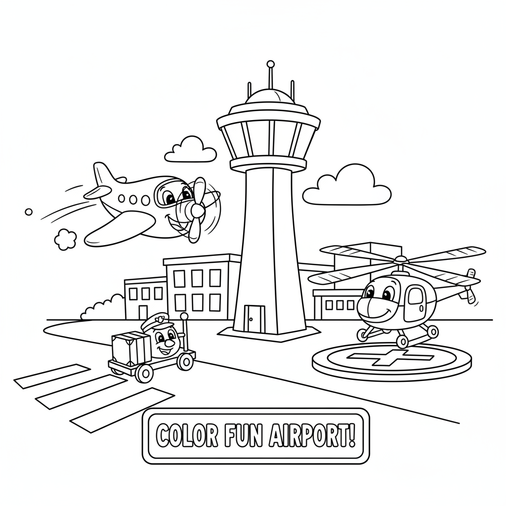 Flughafen mit Kontrollturm Ausmalbild