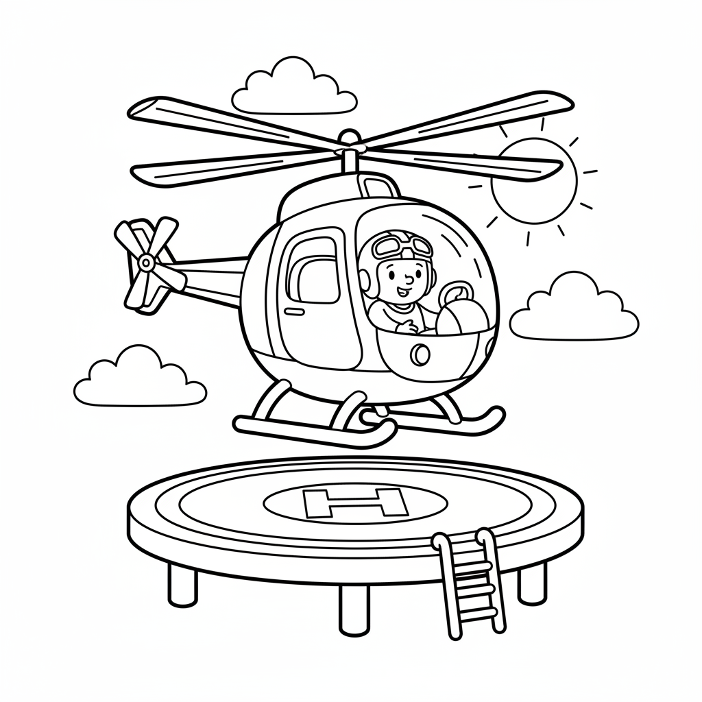 Hubschrauber landet auf Hubschrauberlandeplatz Ausmalbild