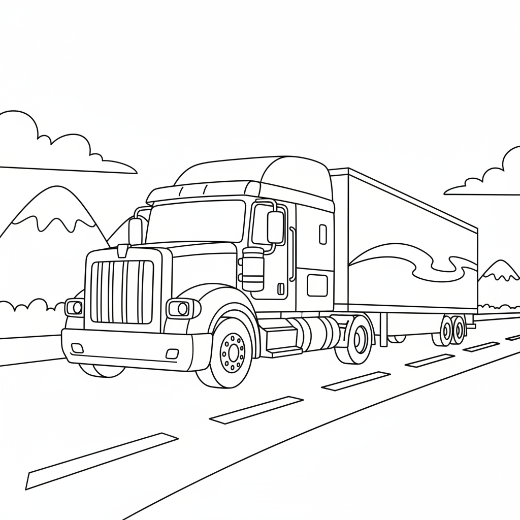 Großer Sattelschlepper auf Autobahn Ausmalbild