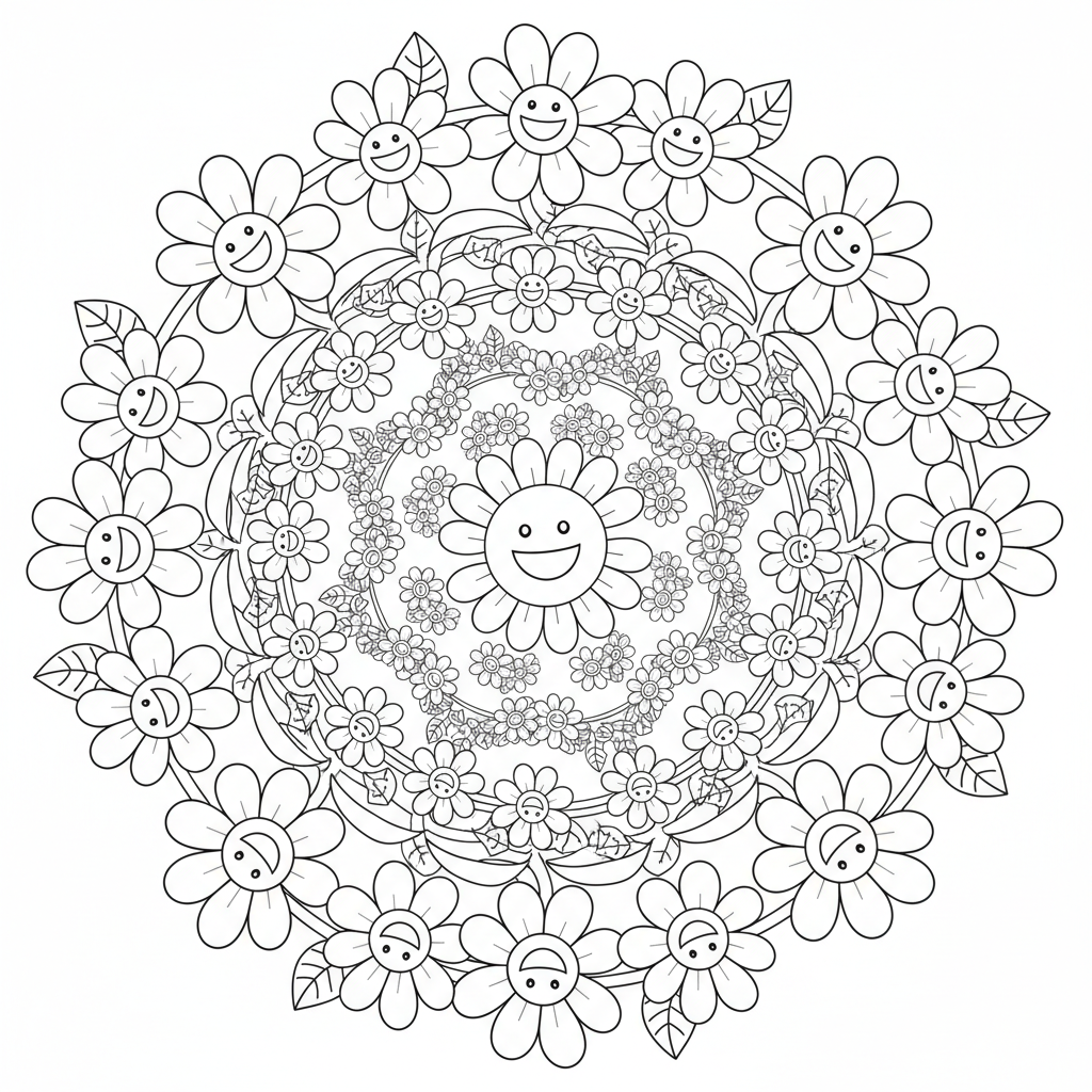 Gänseblümchen-Kette Mandala rund Ausmalbild