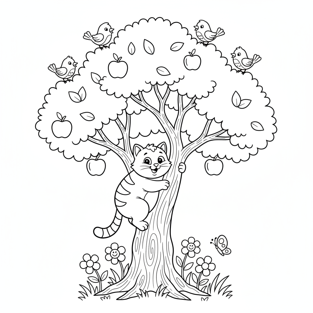 Kätzchen klettert auf Baum Ausmalbild