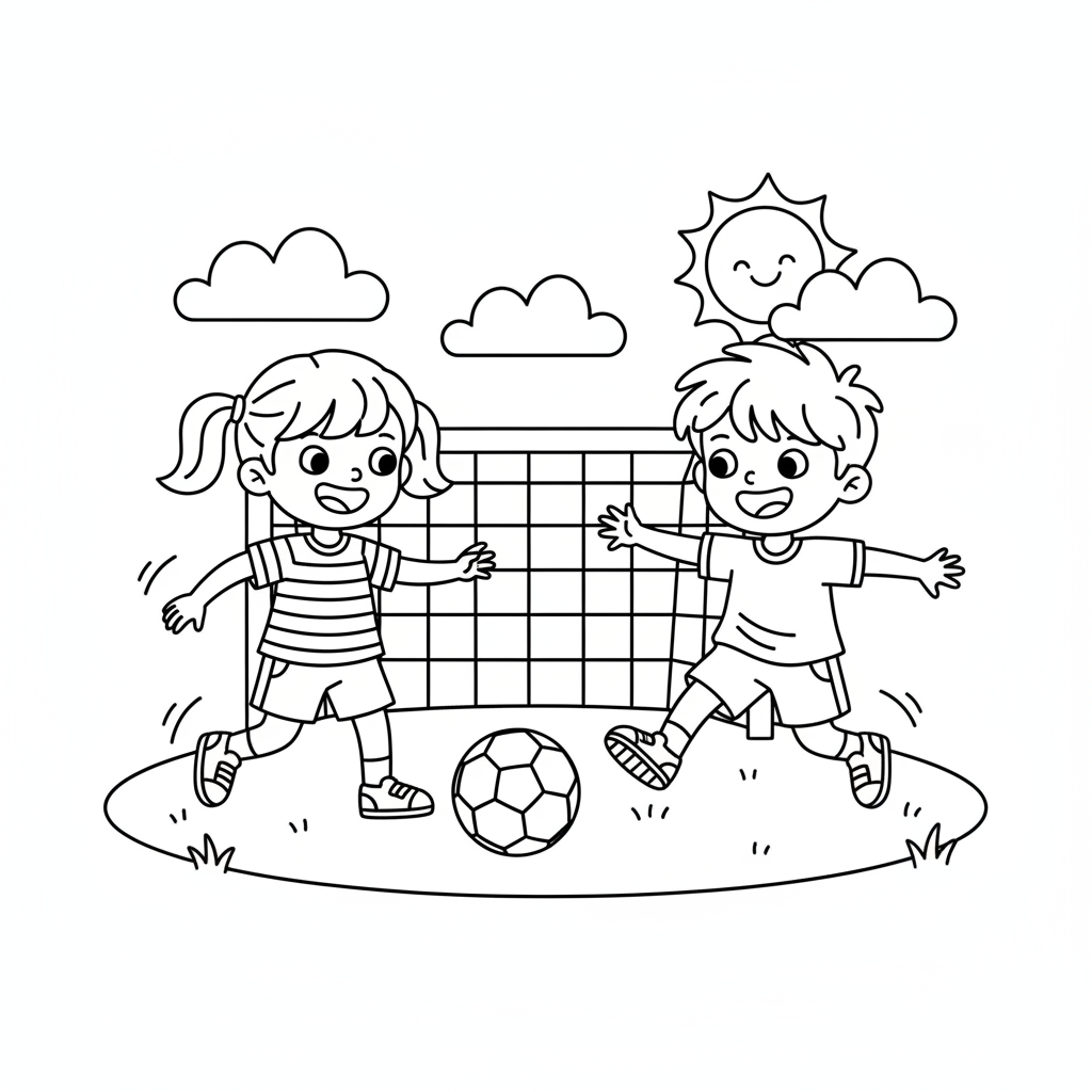 Zwei Kinder spielen Fußball Ausmalbild
