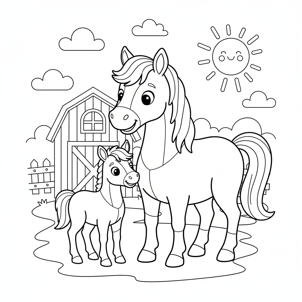 Süßes Fohlen mit Mutter Ausmalbild