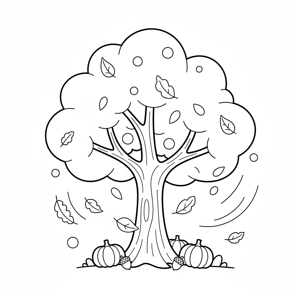Herbstbaum mit fallenden Blättern Ausmalbild