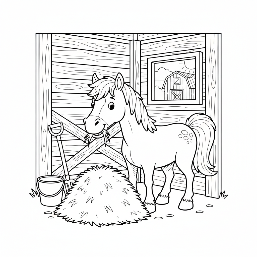 Pferd frisst Heu im Stall Ausmalbild