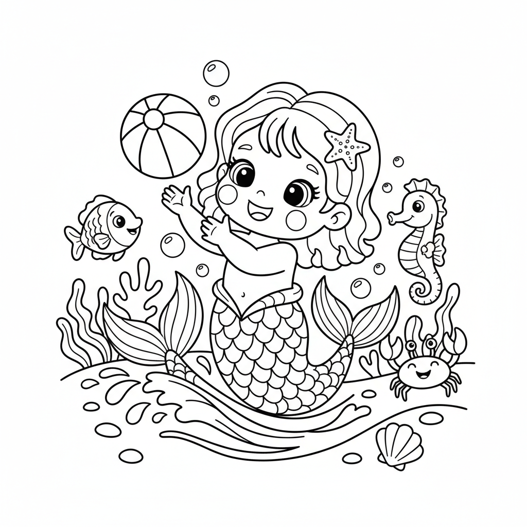 Baby Meerjungfrau spielt Ausmalbild