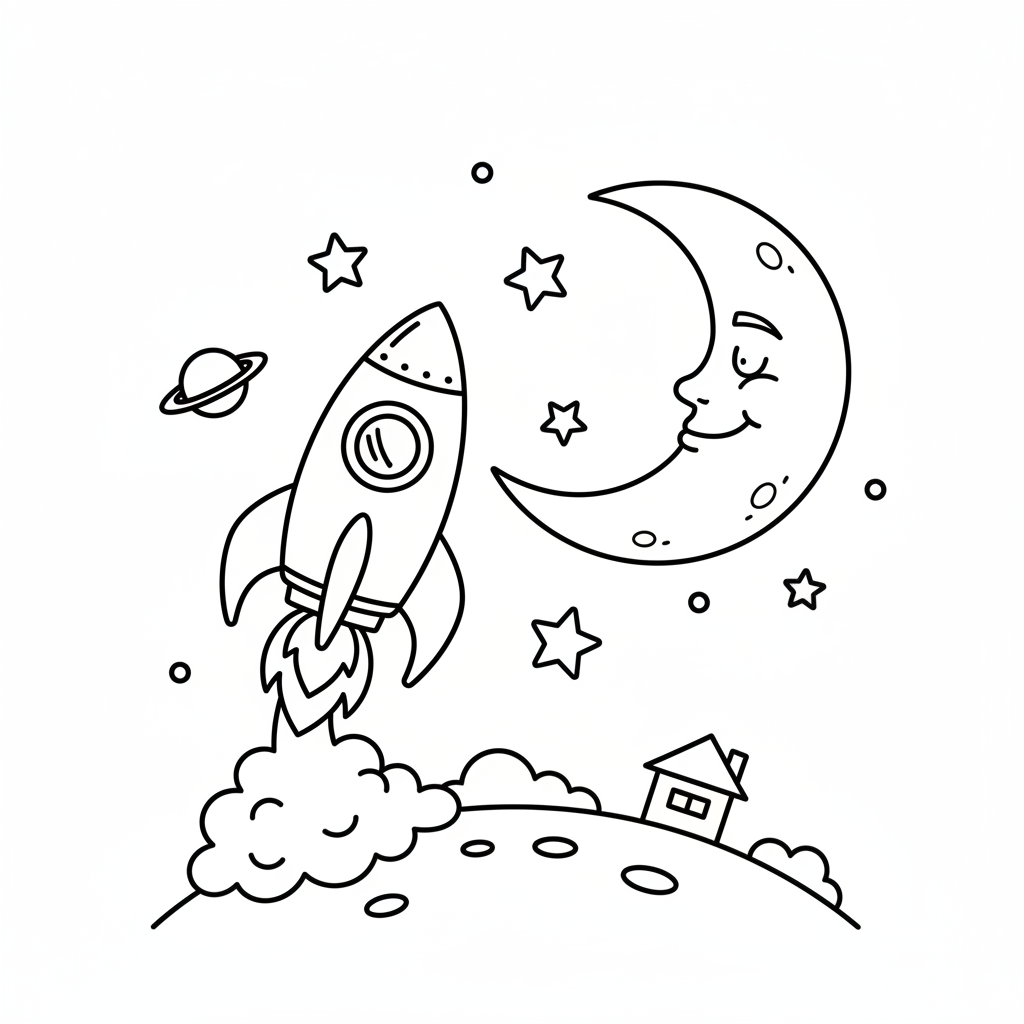 Rakete fliegt zum Mond Ausmalbild