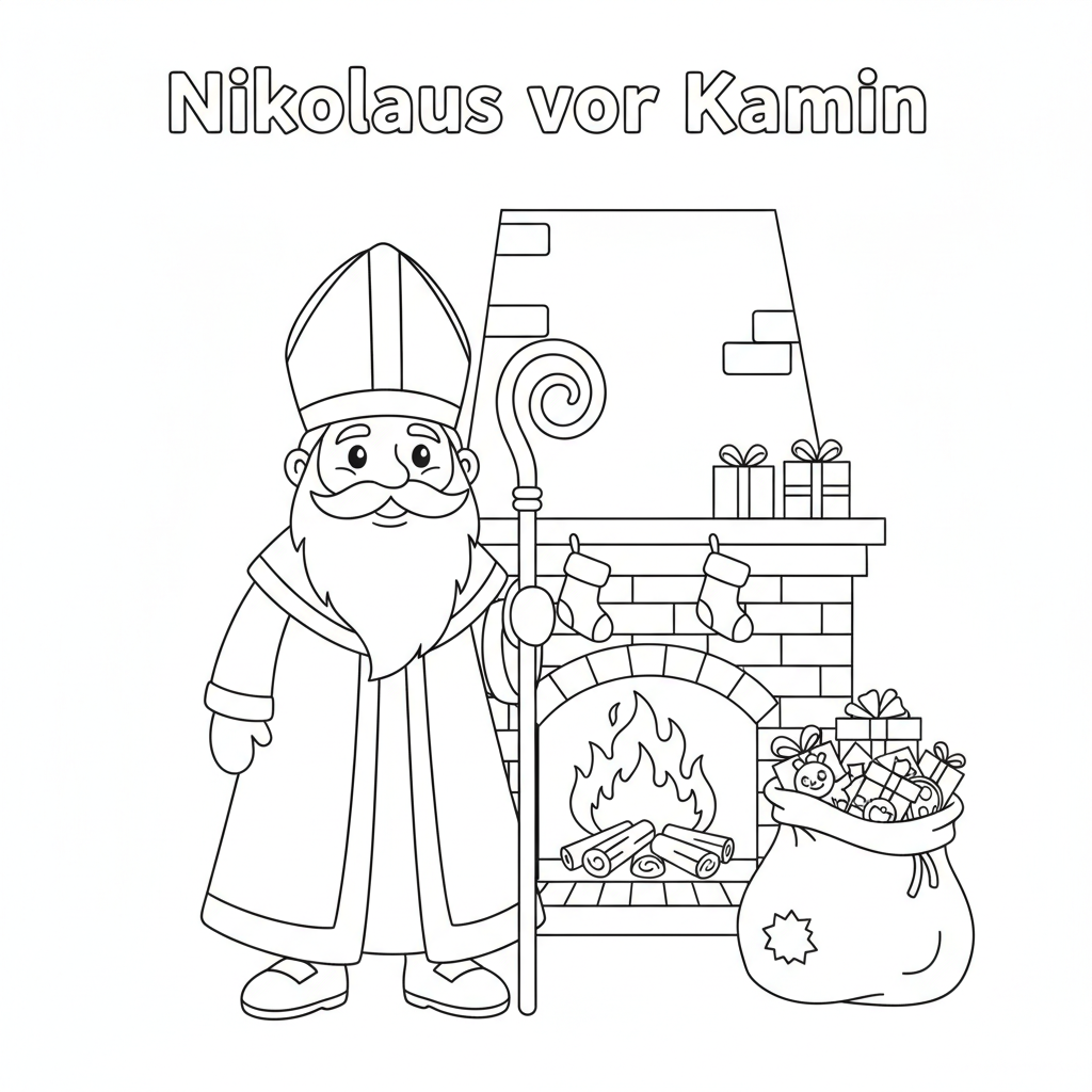 Nikolaus vor Kamin Ausmalbild