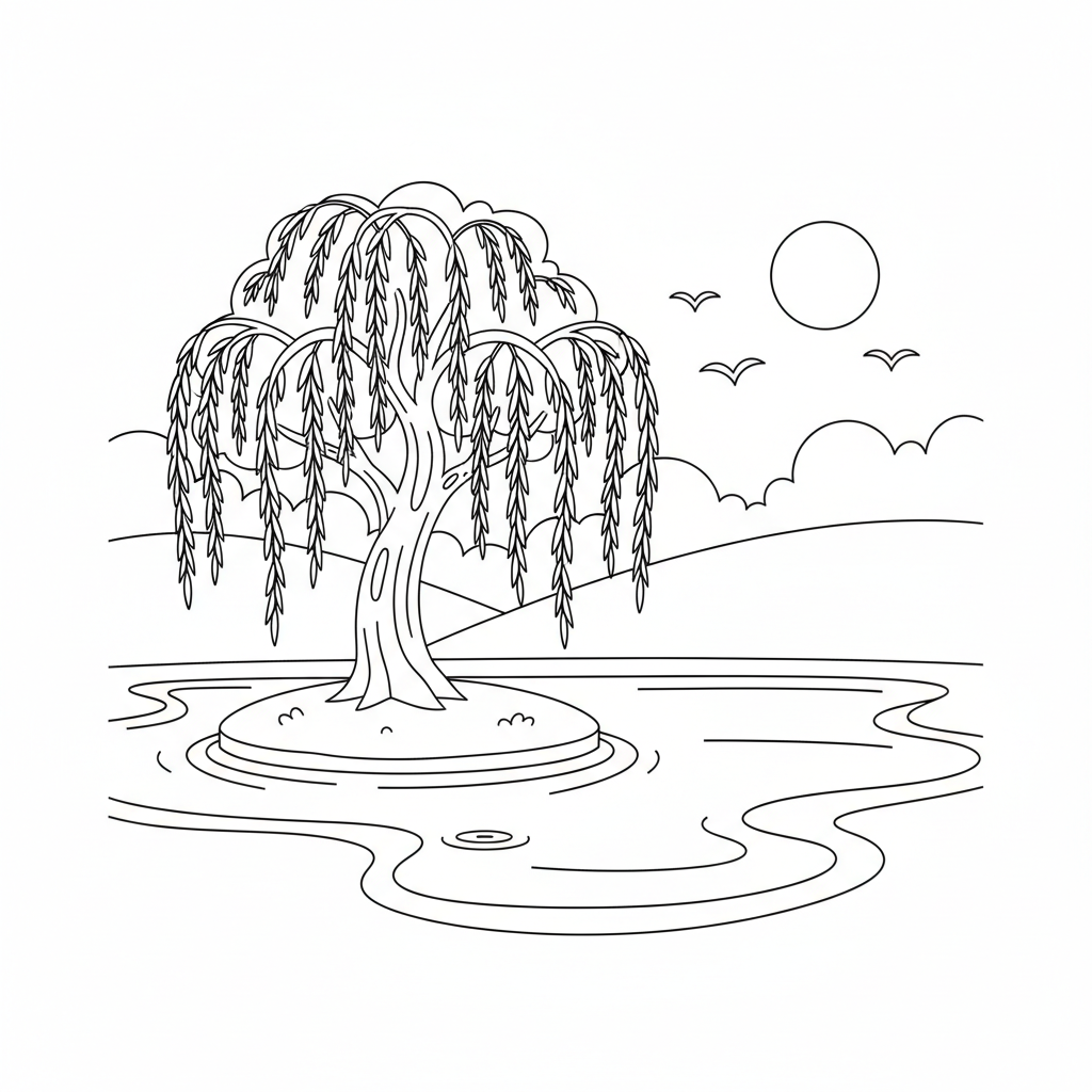 Trauerweide am Wasser Ausmalbild