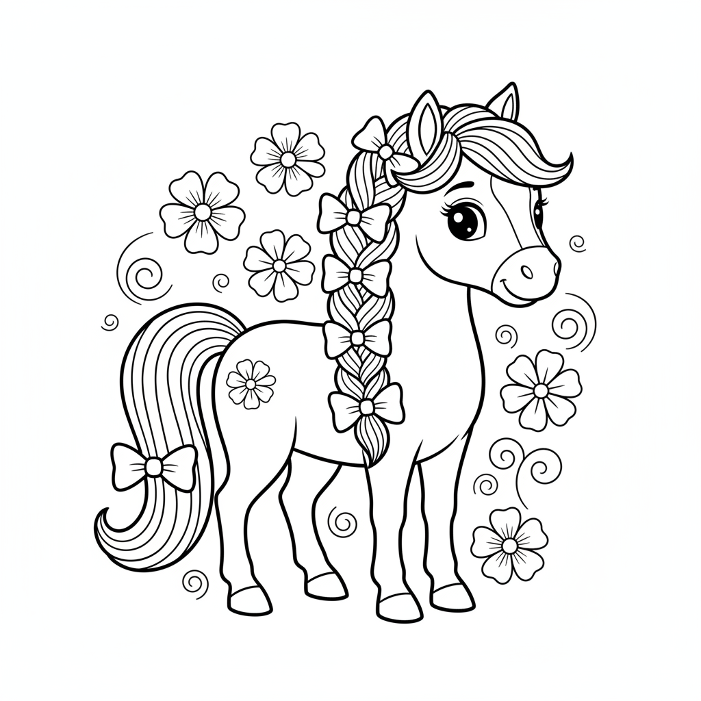 Pferd mit geflochtener Mähne und Schleifen Ausmalbild