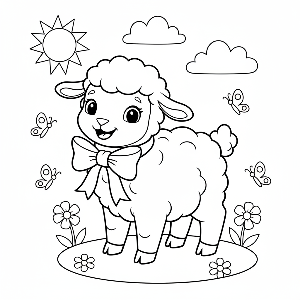 Frühlings-Lamm mit Schleife Ausmalbild