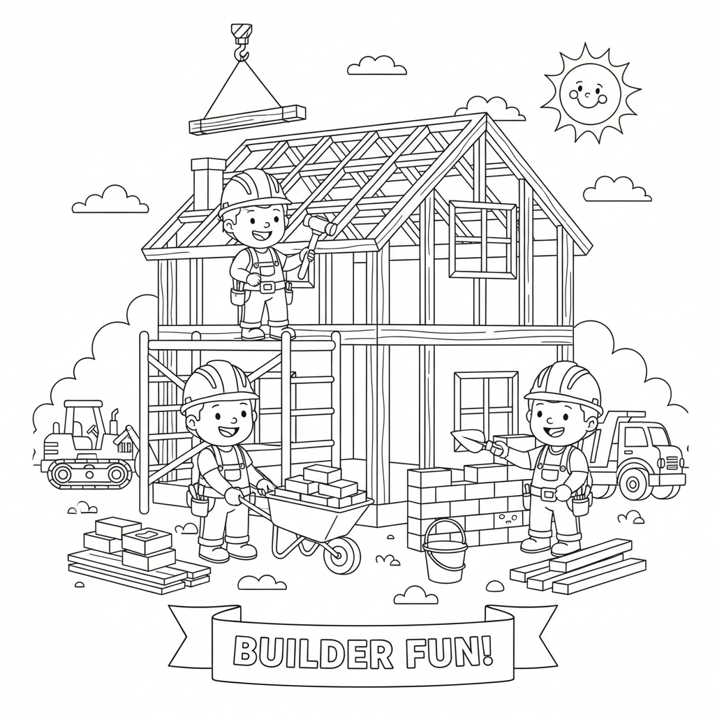 Bauarbeiter bauen Haus Ausmalbild