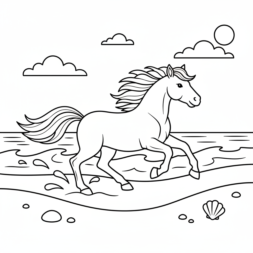 Wildpferd läuft frei am Strand Ausmalbild