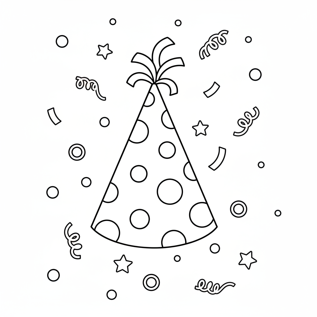 Partyhut und Konfetti Ausmalbild