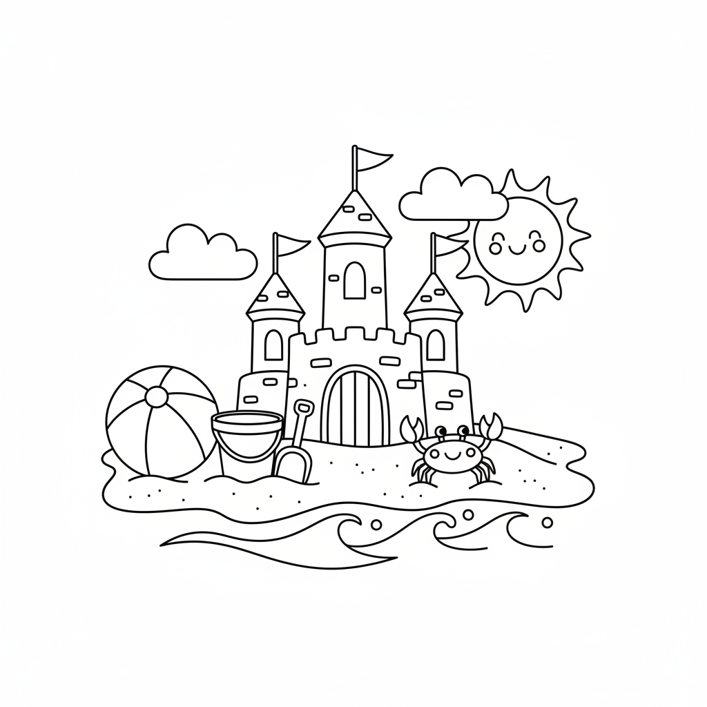 Strand mit Sandburg Ausmalbild