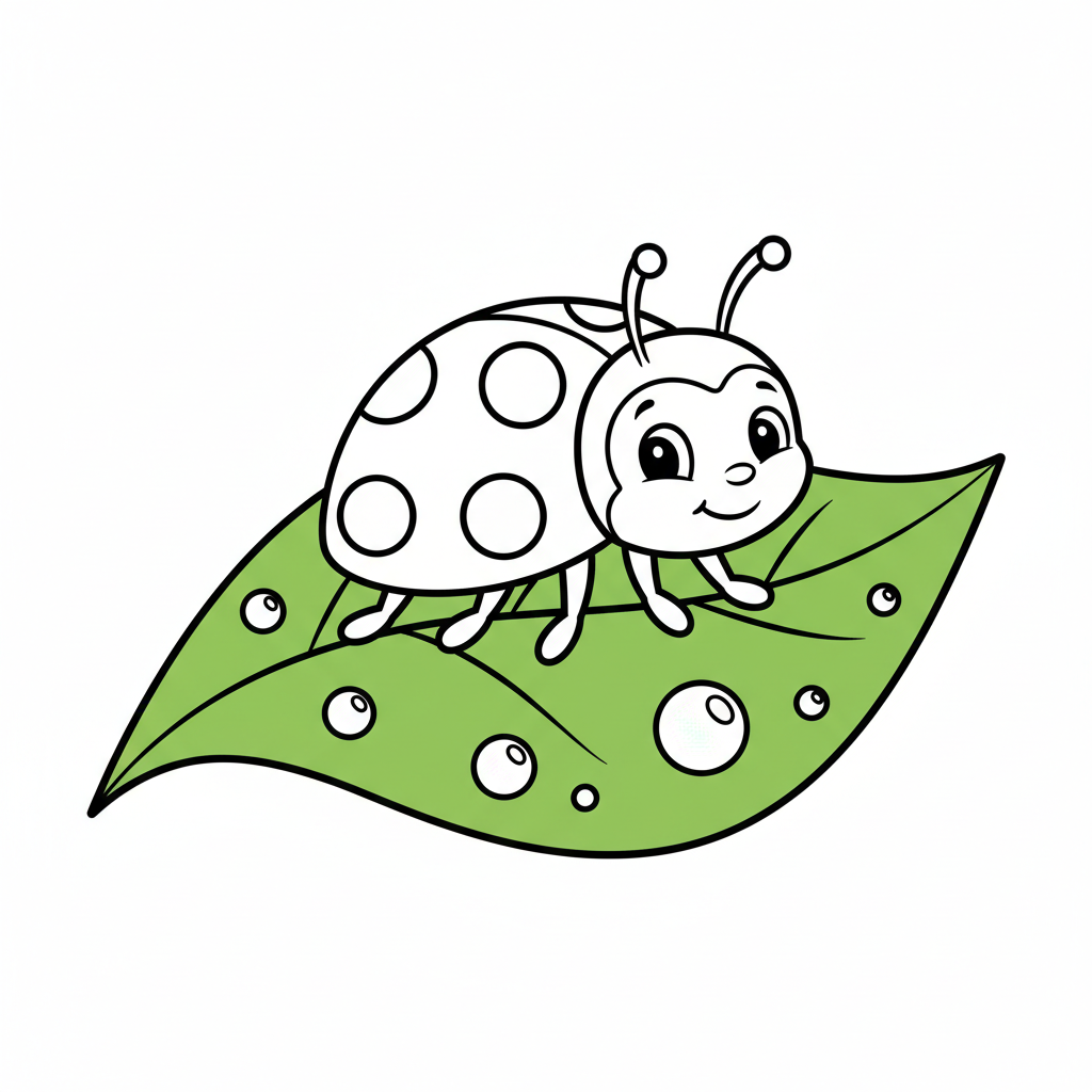 Marienkäfer auf grünem Blatt mit Tautropfen Ausmalbild