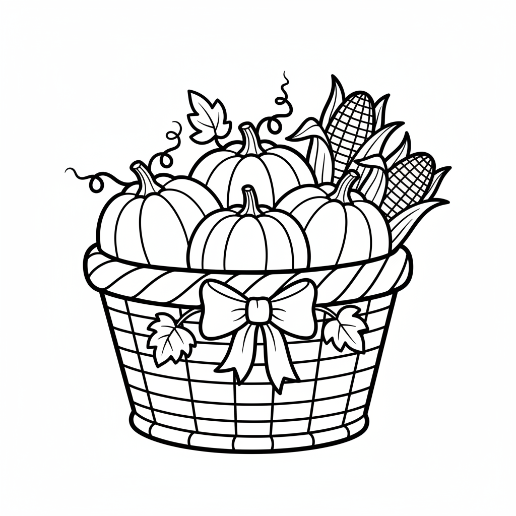 Erntekorb mit Kürbissen und Mais Ausmalbild