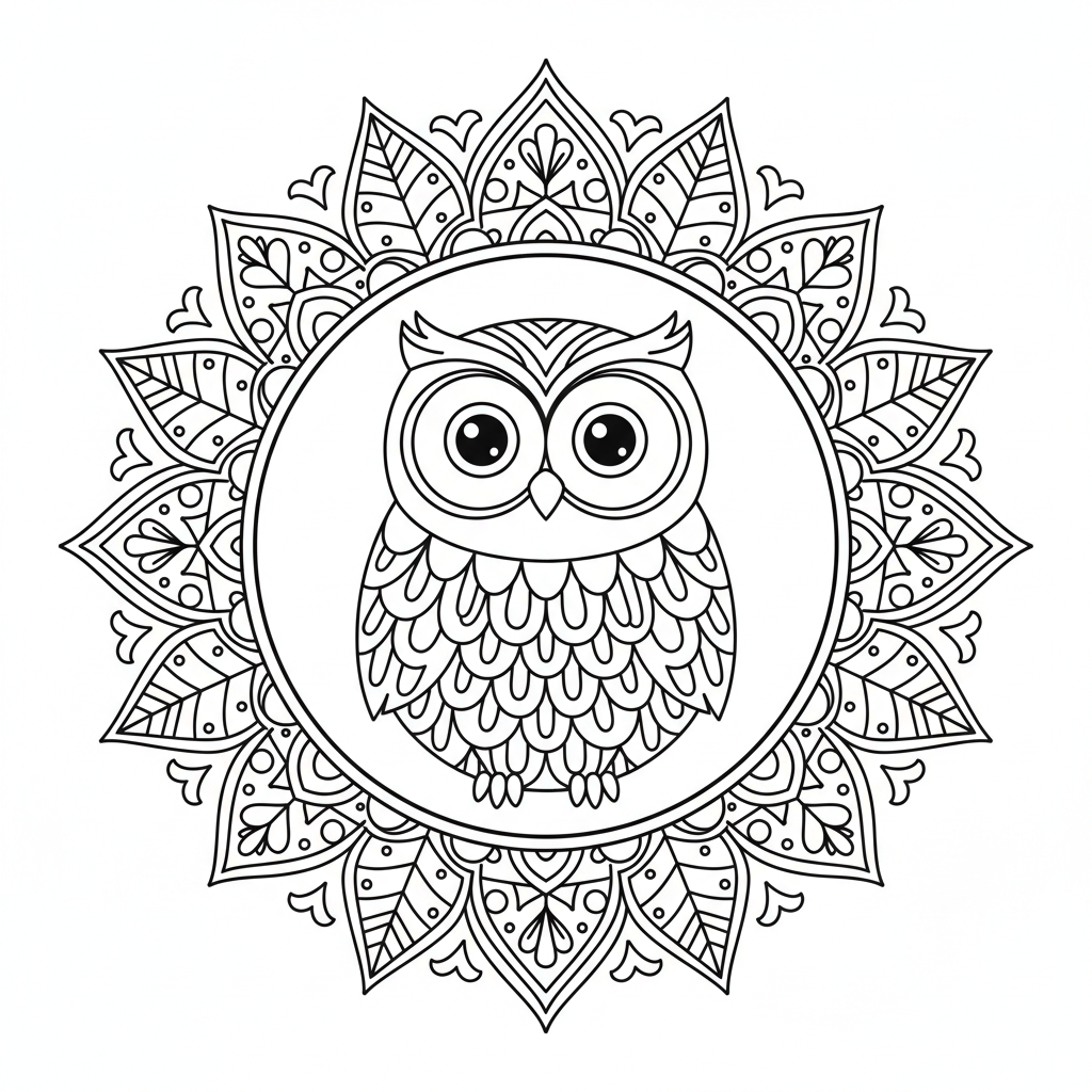 Eulen-Mandala mit Federmuster Ausmalbild
