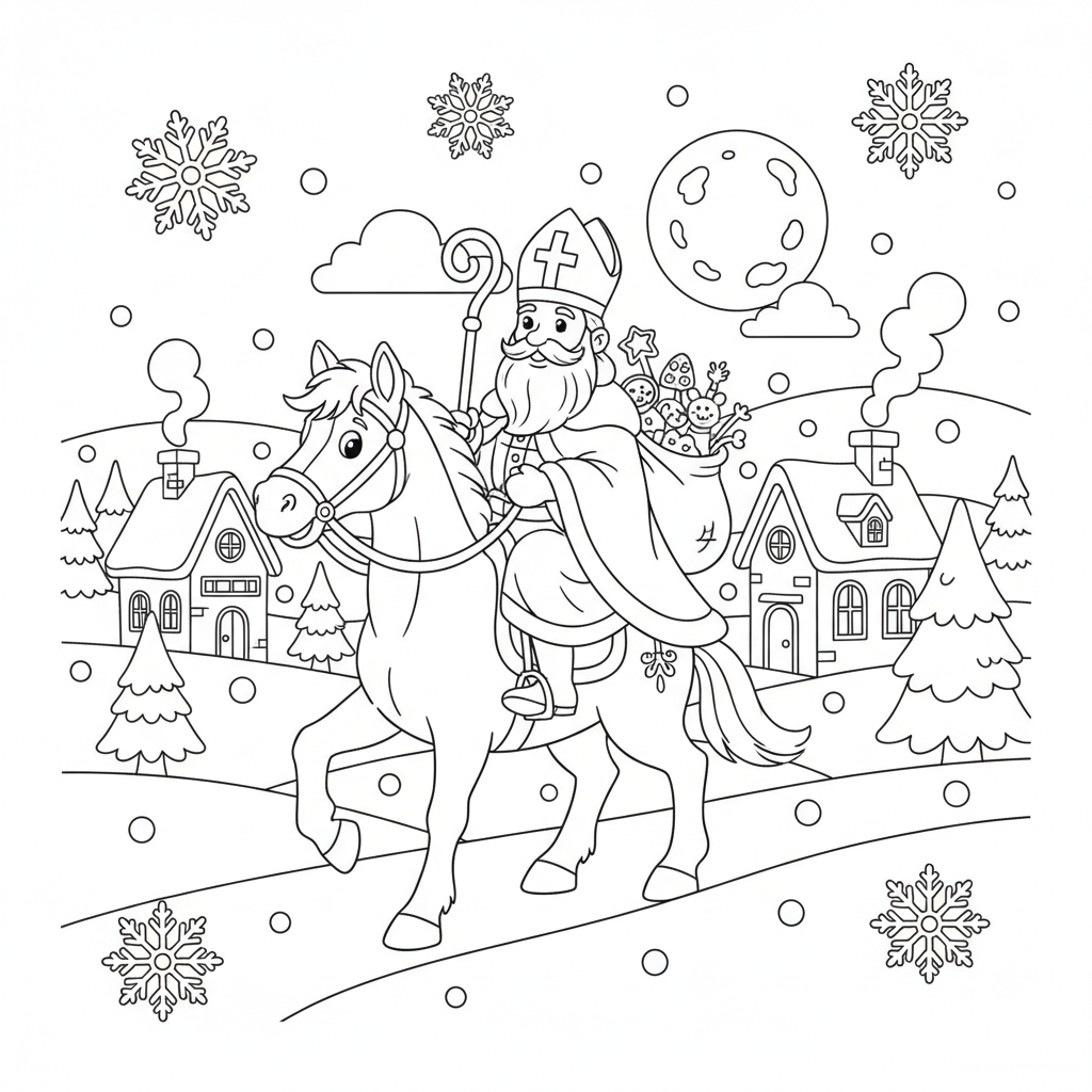 Nikolaus reitet durch verschneites Dorf Ausmalbild