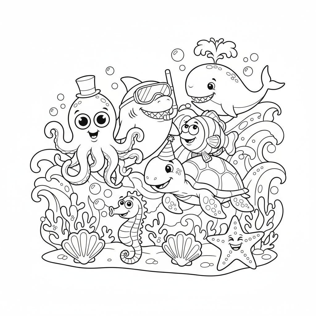 Funny Sea Animals Coloring Page