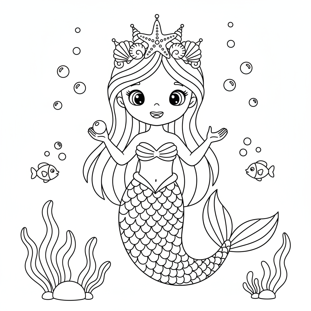 Meerjungfrau mit Muschelkrone Ausmalbild