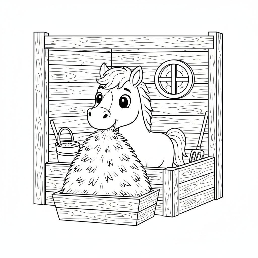 Pferd frisst Heu im Stall Ausmalbild