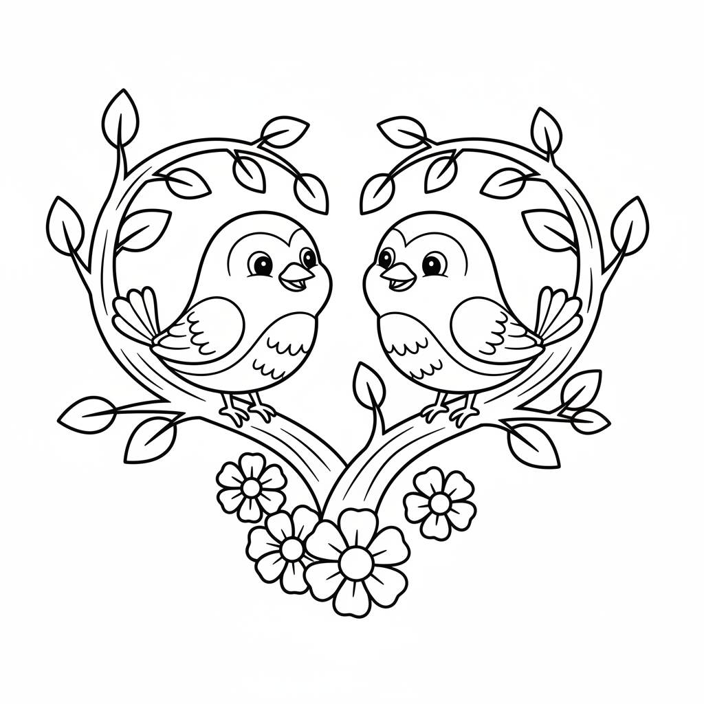 Zwei Vögel sitzen auf Herz-Ast Ausmalbild
