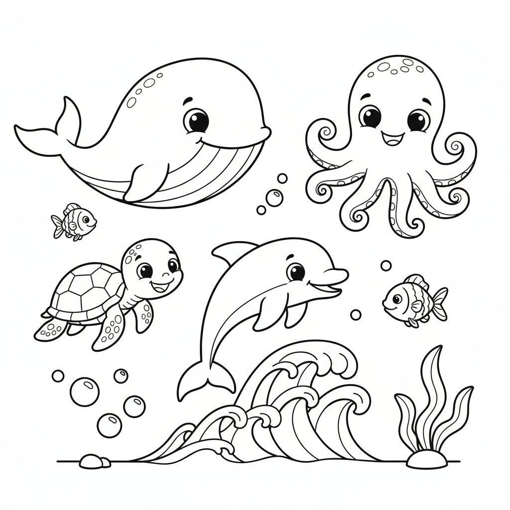Happy Sea Animals Coloring Page