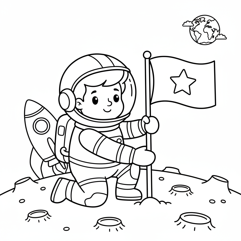 Astronaut pflanzt Flagge Ausmalbild